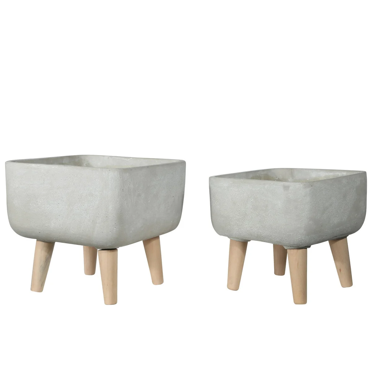 Benzara BM219663 Square Cement Pot with Detachable Wooden Legs, Set of 2, White and Brown