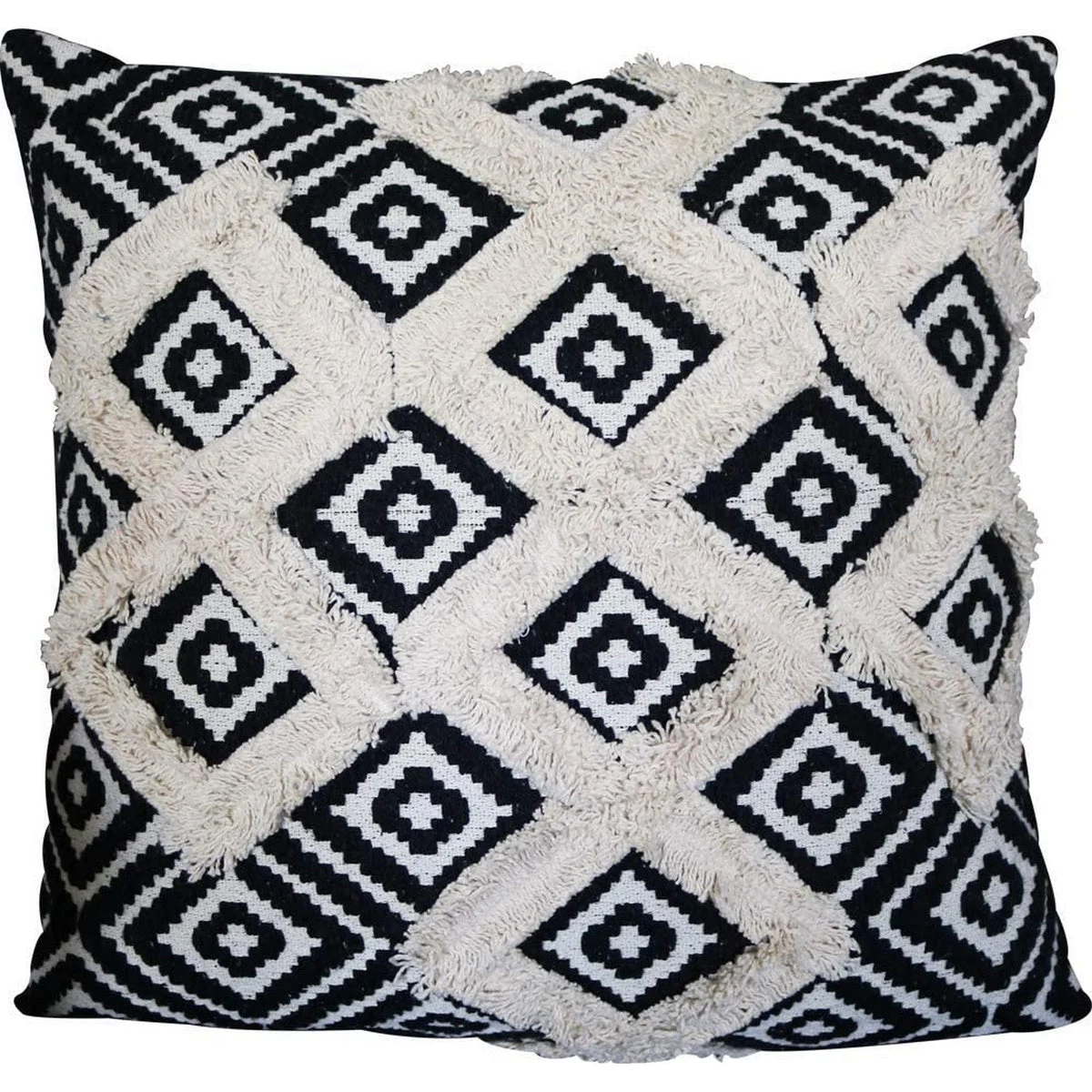 Benzara BM219710 18 x 18 Geometric and Fringe Accent Pillow Cover, Black and White