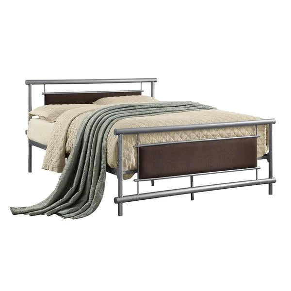 Benzara Faux Leather Upholstered Metal Frame Full Bed, Gray and Brown
