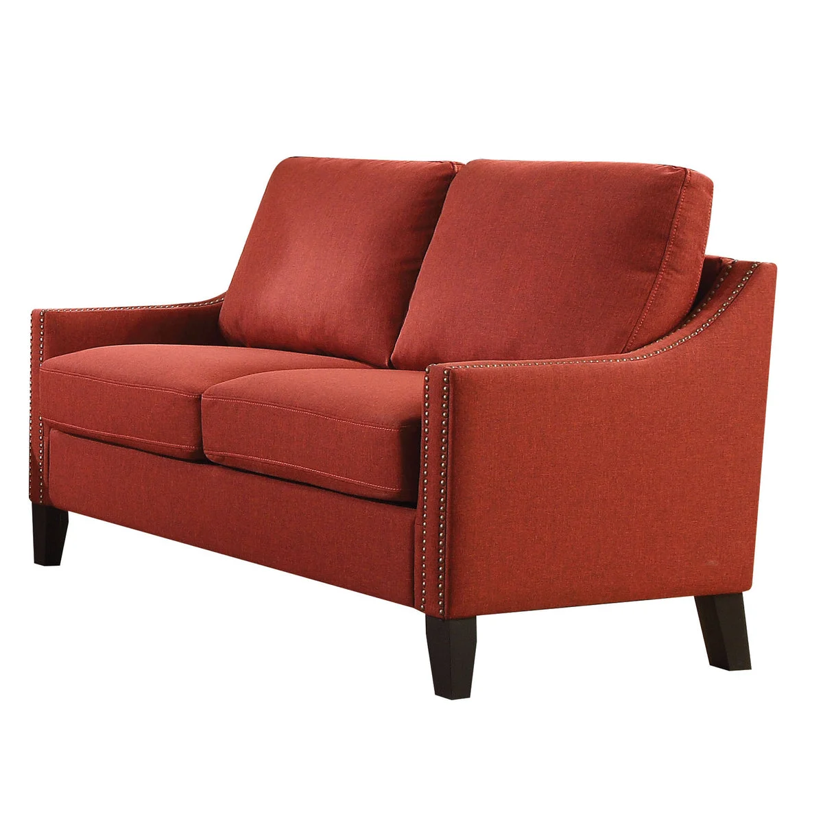 Benzara BM220360 Fabric Upholstered Loveseat with Low Track Arms and Nailhead Trim, Red