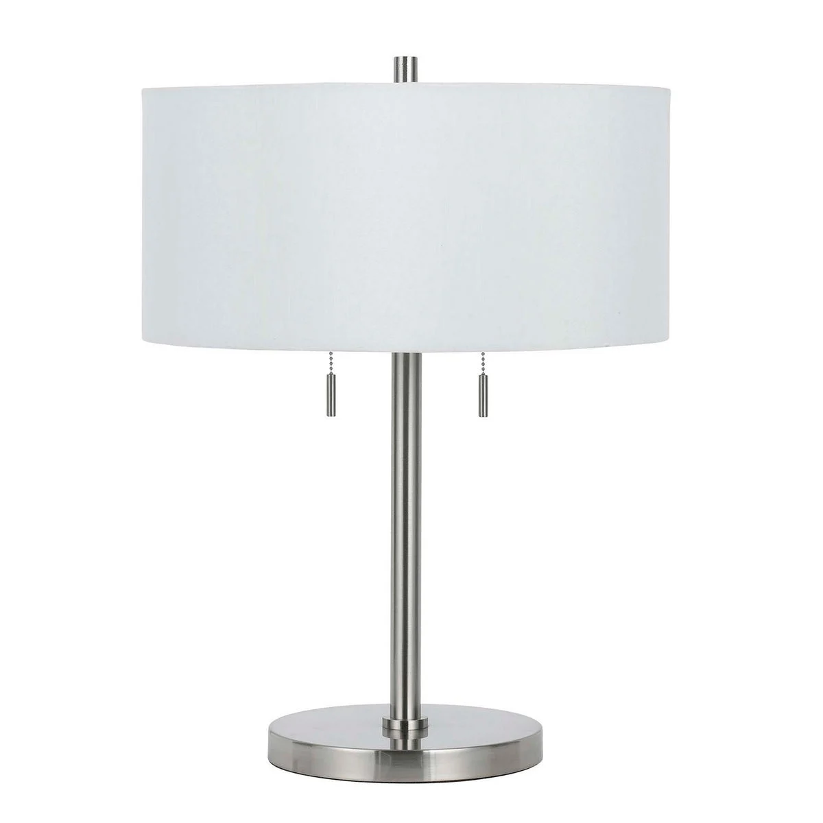 Benzara Metal Body Table Lamp with Fabric Drum Shade and Pull Chain Switch, Silver