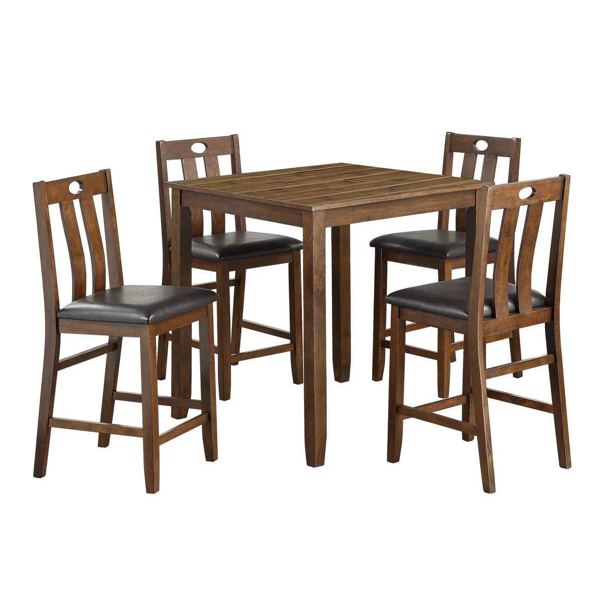 Benzara Square Counter Height Table with Slatted Faux leather Chairs,Set of 5,Brown