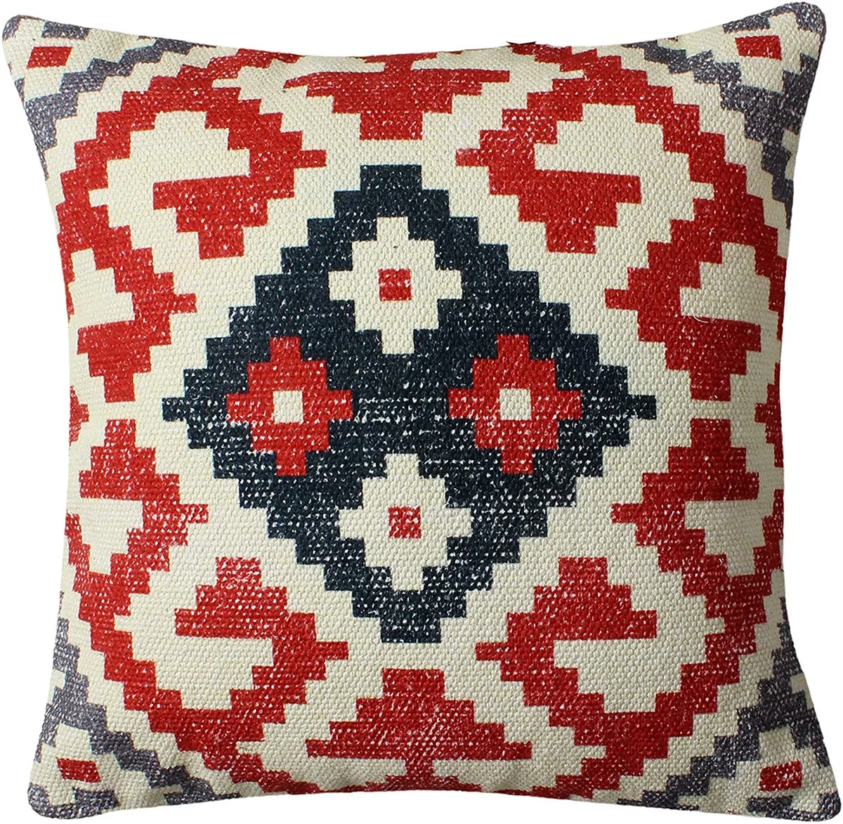 Benzara BM221649 18 x 18 Vintage Kilim Print Cotton Accent Pillow, Red and White