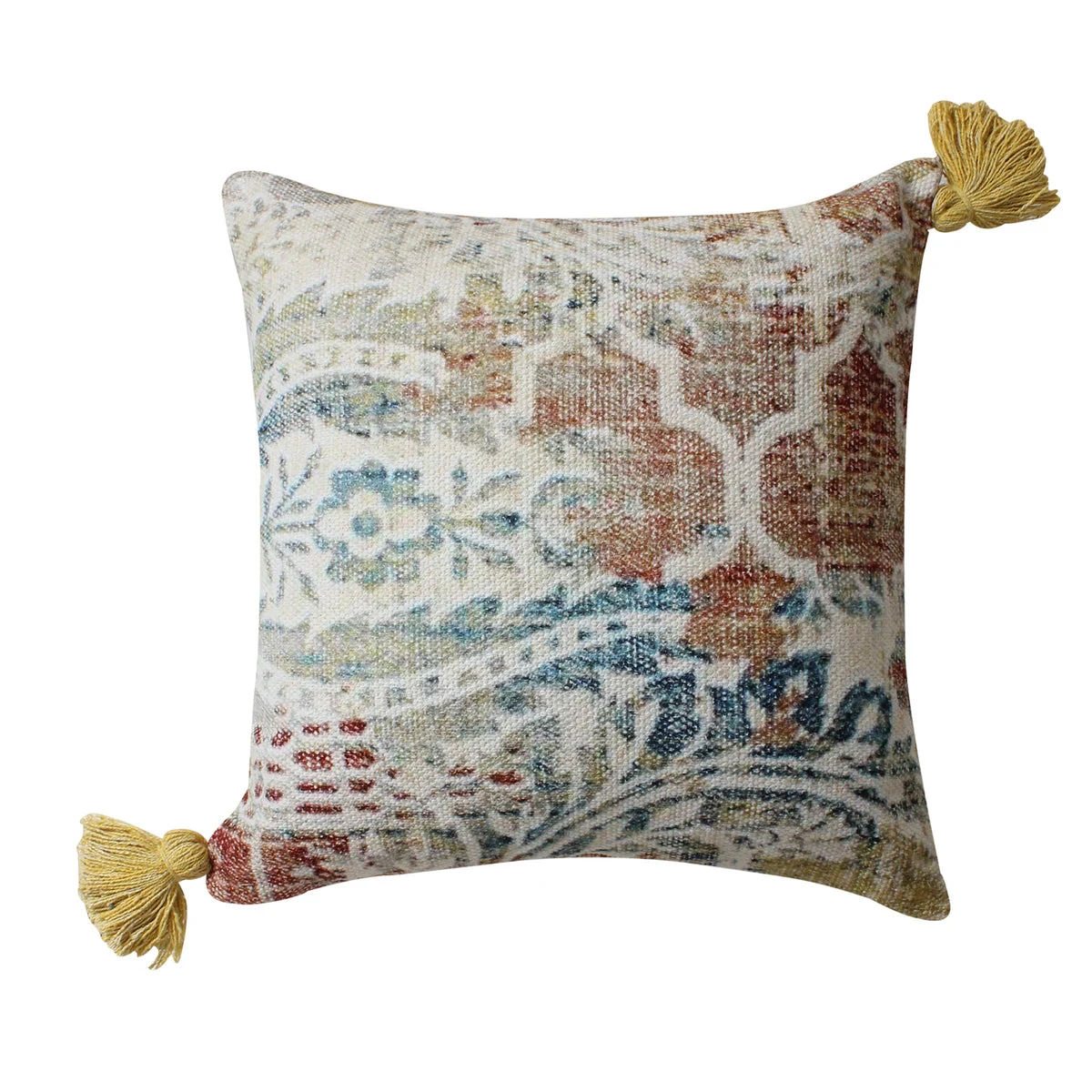 Benzara BM221651 18 x 18 Hand Block Printed Cotton Accent Pillow with Fringes, Multicolor