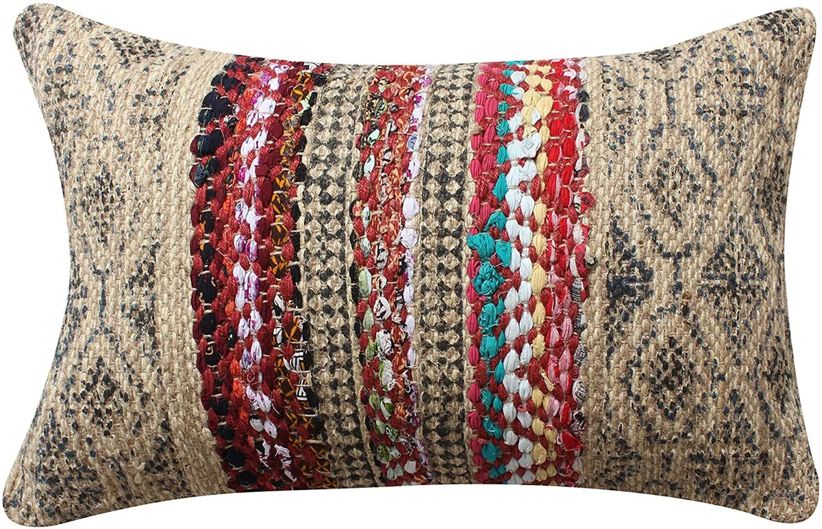 Benzara BM221656 24 x 16`` Handwoven Jute Accent Pillow with Block Print, Brown and Red