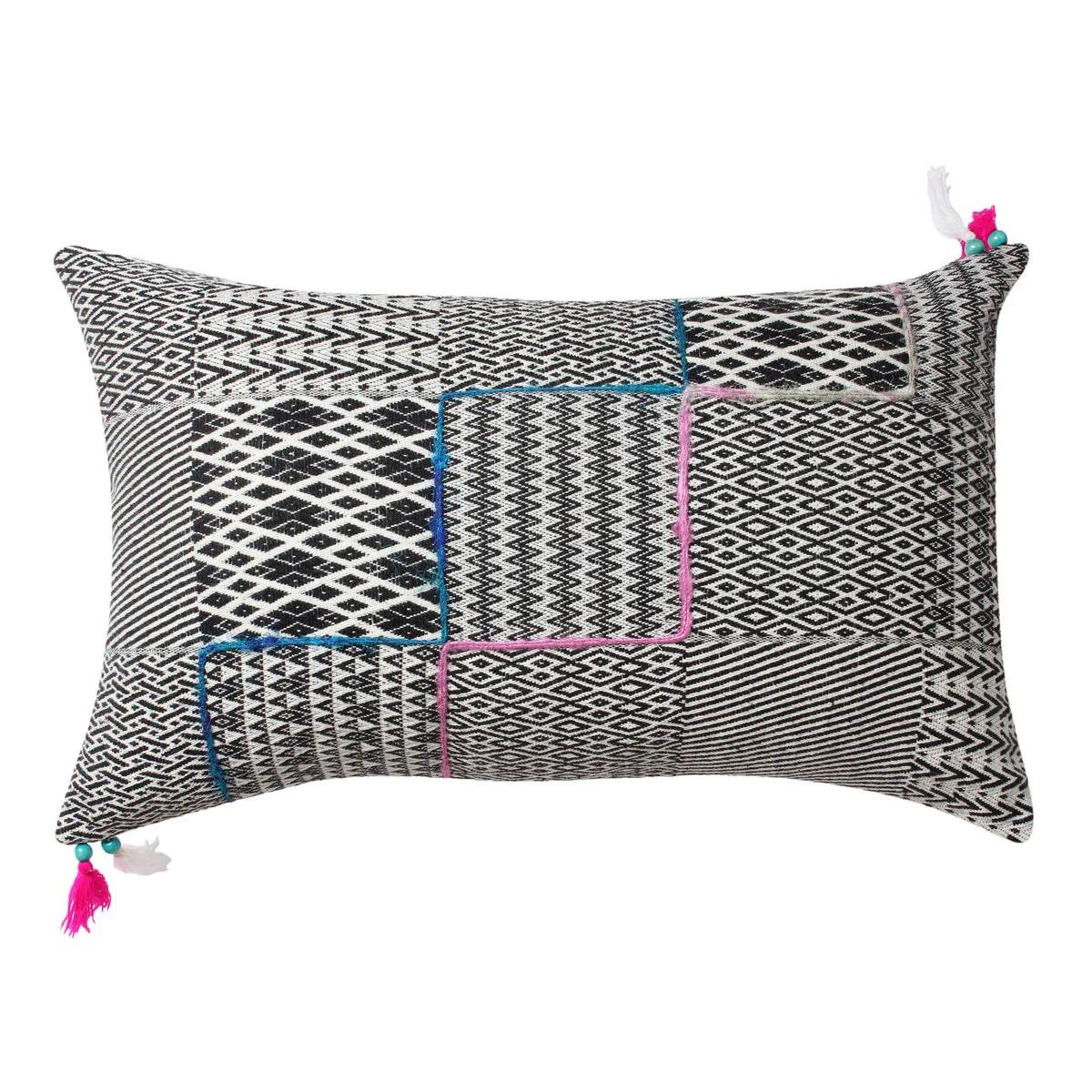 Benzara BM221669 20 x 12 Handwoven Cotton Accent Pillow with Jacquard Print, Black and Gray