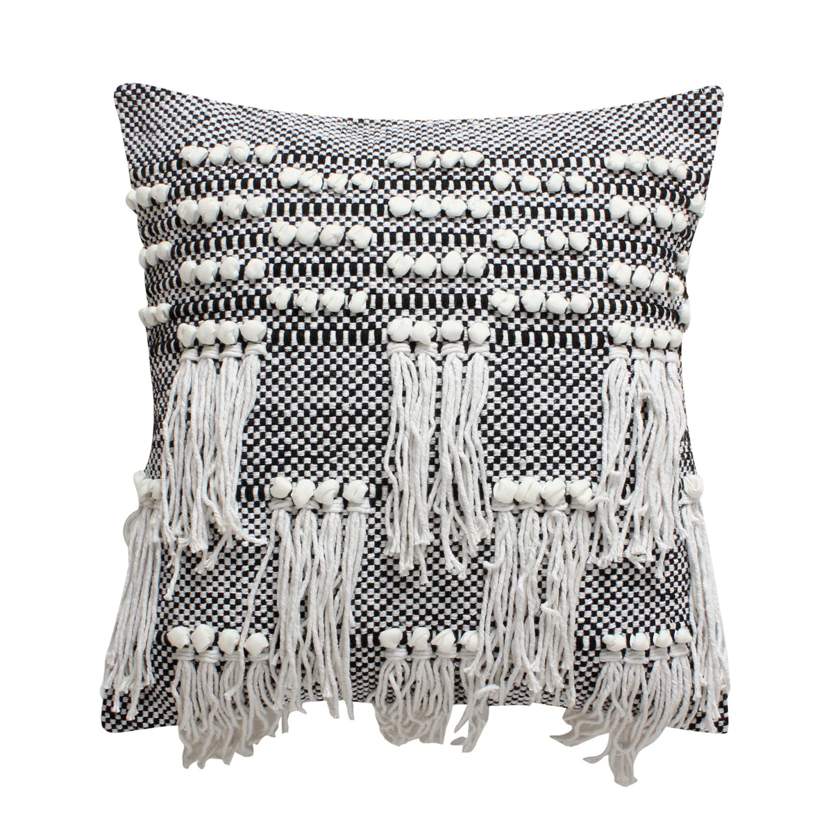 Benzara BM221682 18 x 18 Textured Cotton Accent Pillow with Fringe Details, White and Black