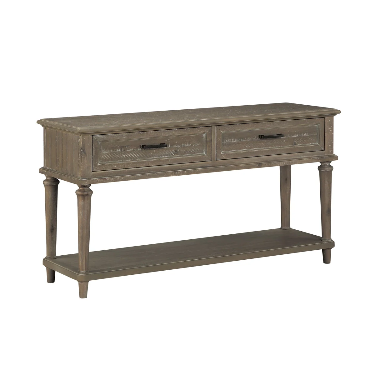 Benzara 2 Drawer Traditional Plank Style Sofa Table with Turned Legs, Taupe Brown