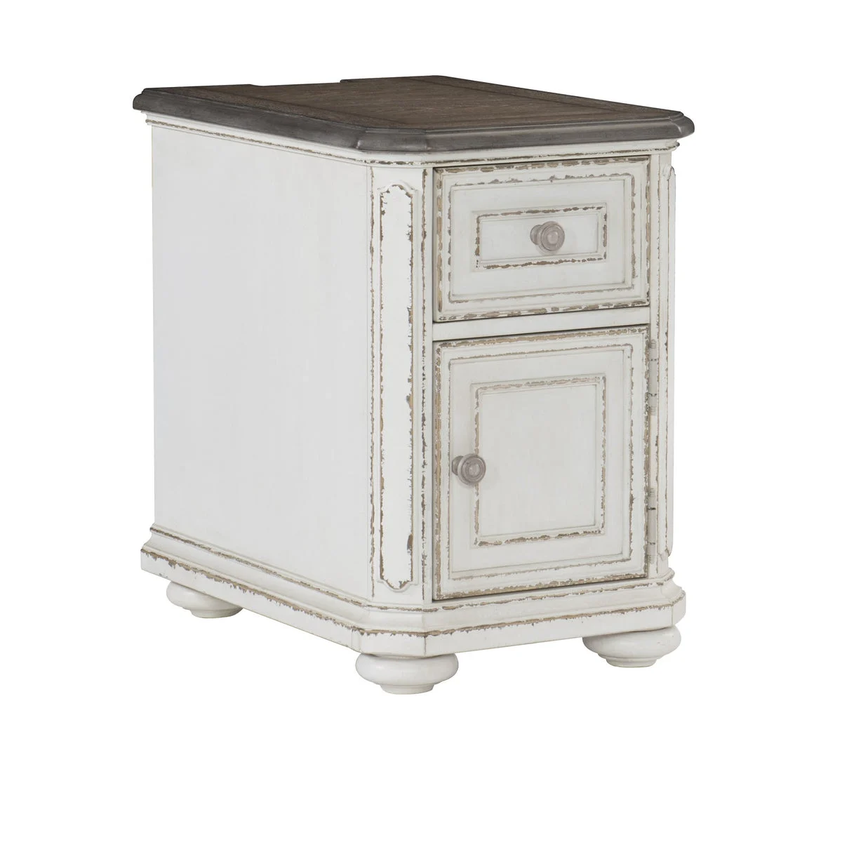 Benzara 1 Drawer Wooden Chairside Table with 1 Door Cabinet,Antique White and Brown