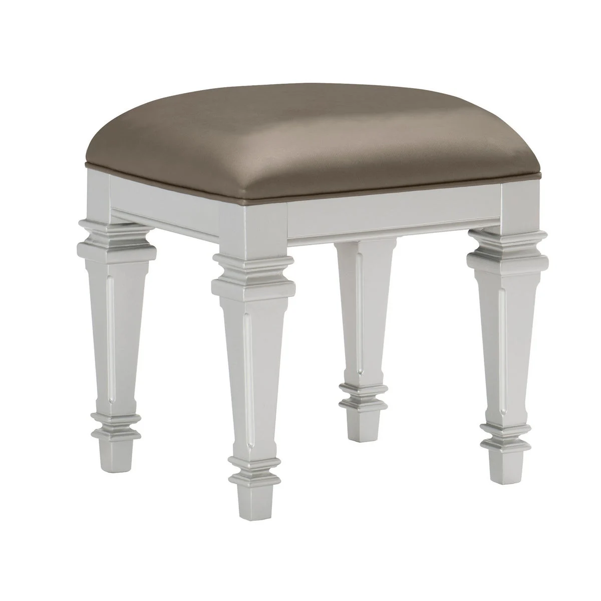 Benzara Leatherette Padded Vanity Stool with Tapered Legs and Molded Detail, Silver