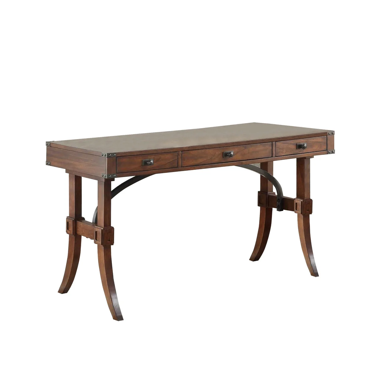 Benzara 3 Drawer Writing Desk with Flared H Shaped Legs and Curved Braces, Brown
