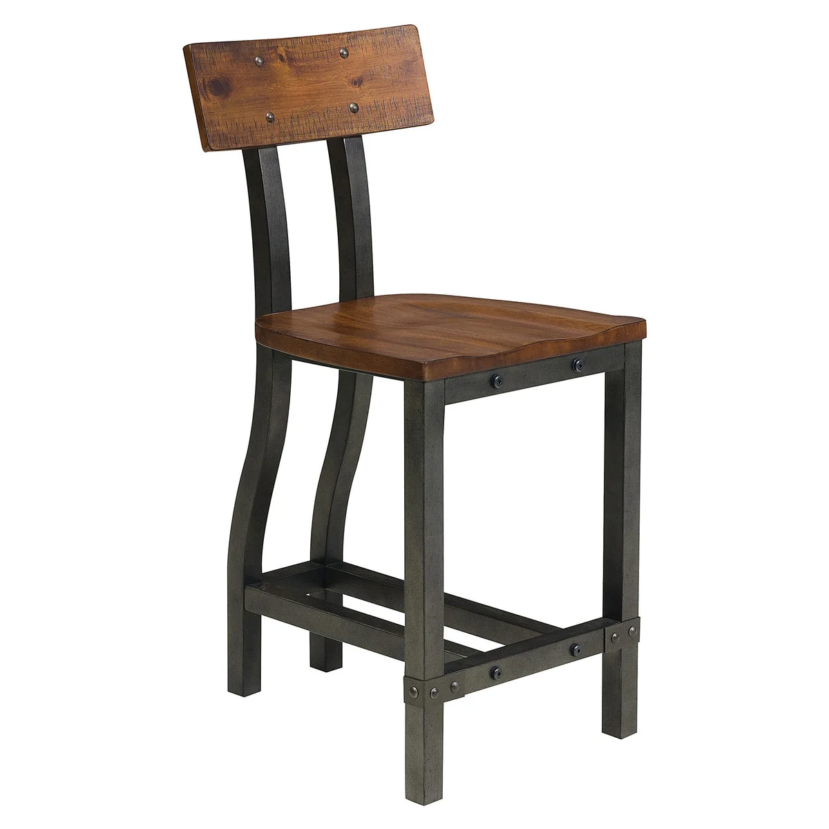 Benzara Wooden Counter Height Chair with Metal Block Legs and Curved Back, Brown