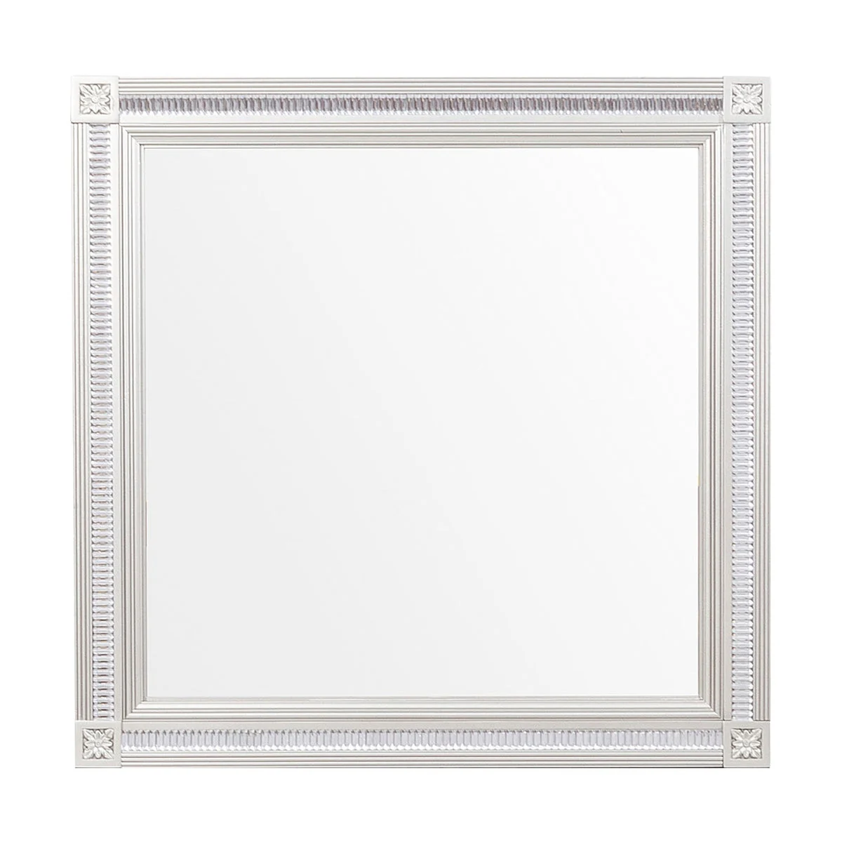 Benzara Wooden Square Mirror with Carvings and BevelLed Edges, Silver