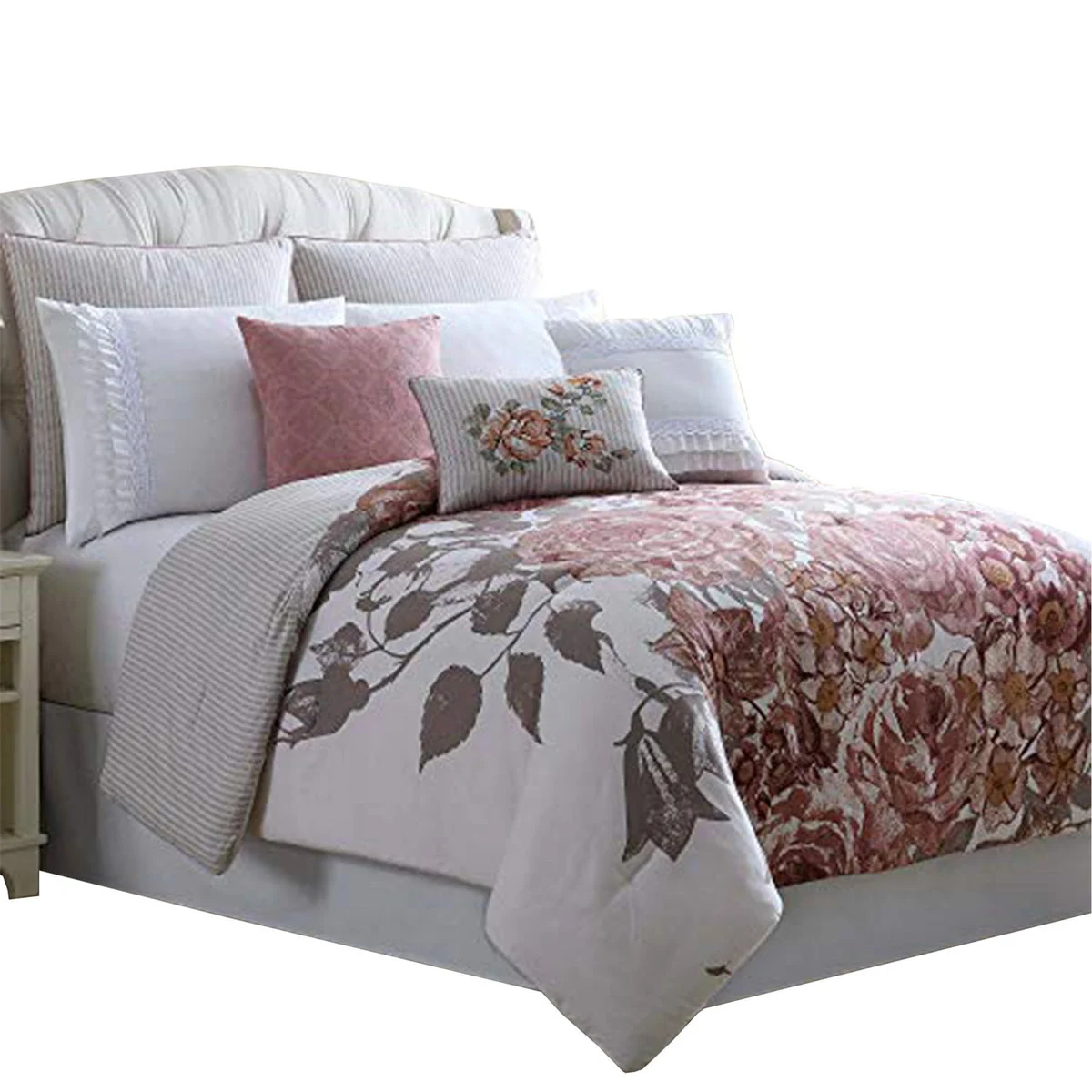 Benzara Ghent 8 Piece King Comforter Set with Floral Panel Print, Multicolor