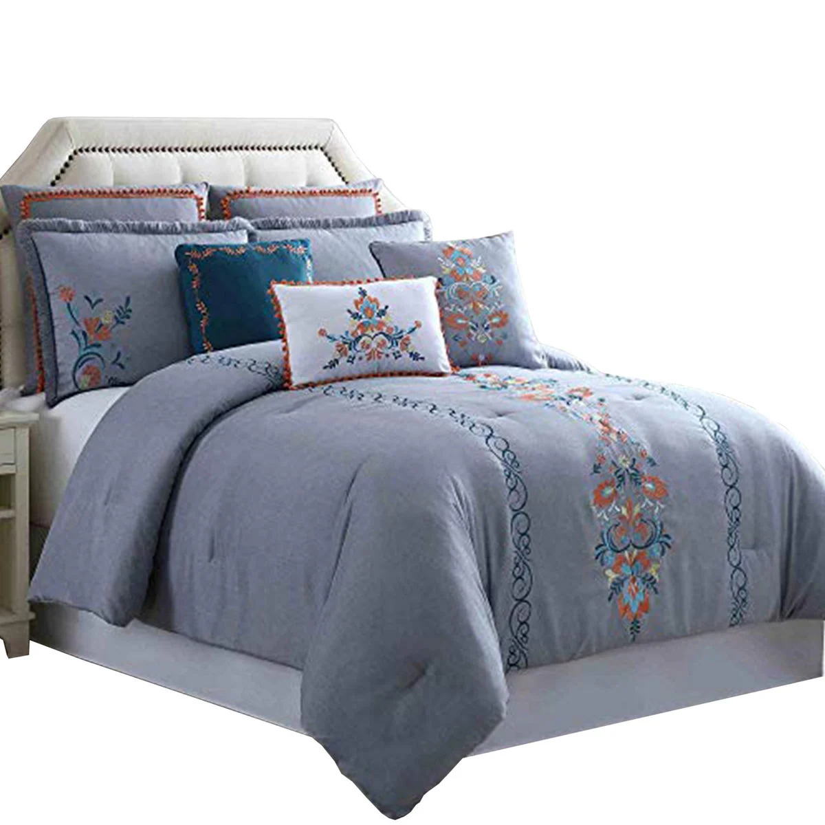 Benzara Odense 8 Piece Queen Comforter Set with Floral Embroidery, Multicolor