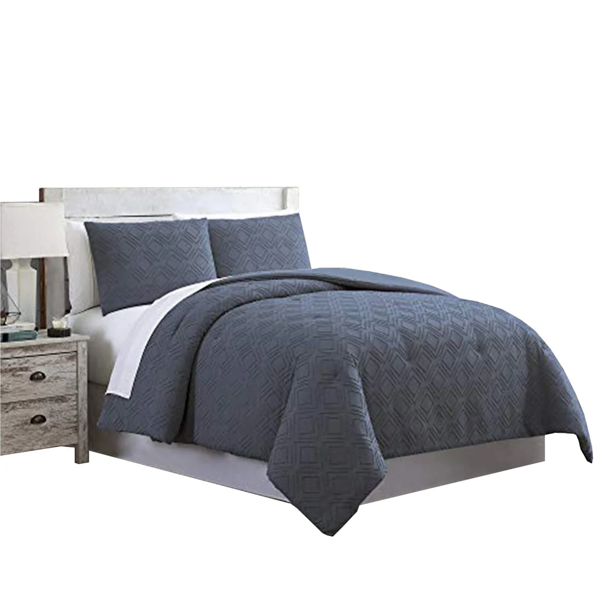 Benzara Gothenburg 3 Piece Diamond Pattern King Size Comforter Set, Navy Blue