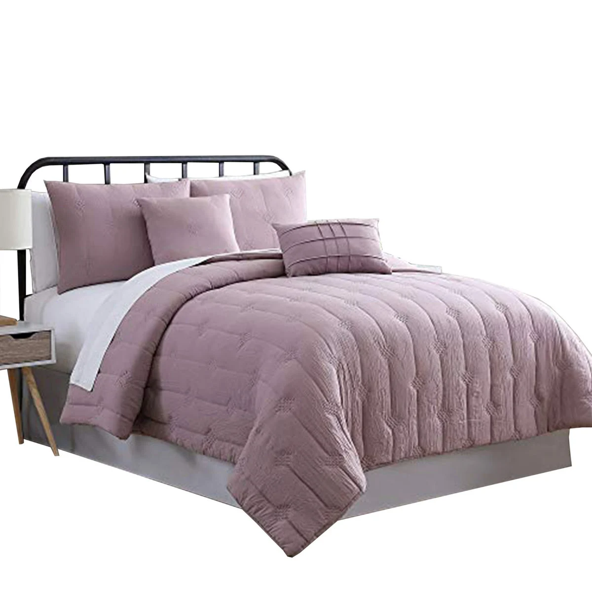 Benzara Bucharest 5 Piece Embroidered Queen Comforter Set with Pleats, Purple