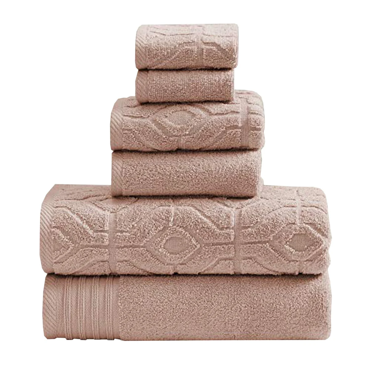 Benzara Granada 6 Piece Yarn Dyed Towel Set with Jacquard Stripe Pattern , Pink