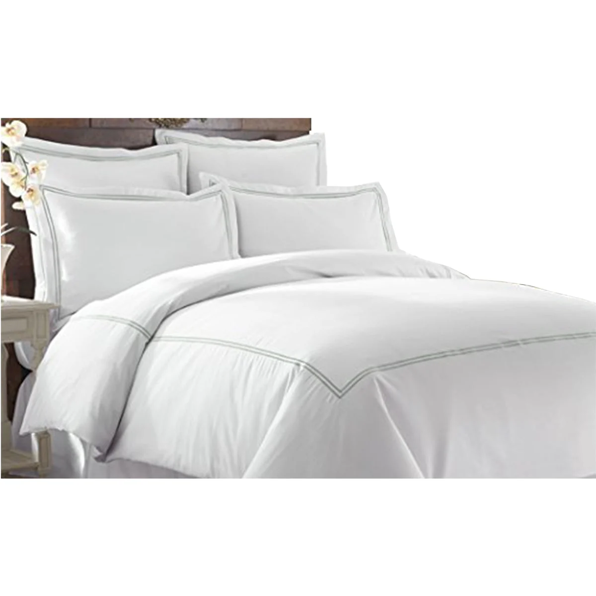Benzara Oslo 3 Piece Cotton King Duvet Set with Double Marrow, White and Green