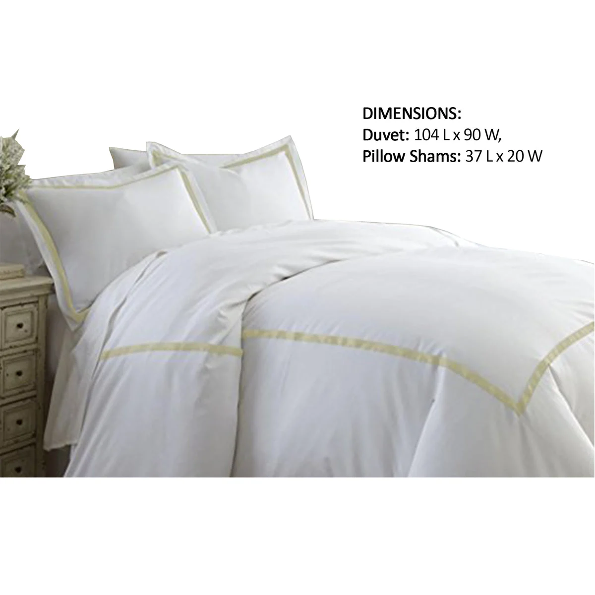 Benzara Larvik 3 Piece Cotton King Duvet Set with Satin Band, White and Beige