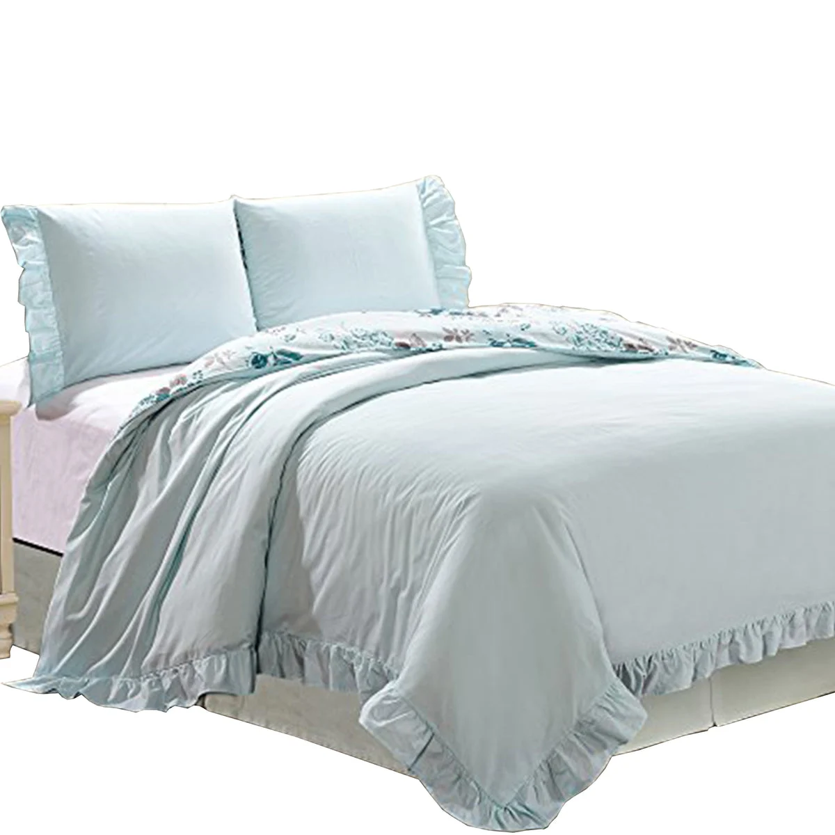 Benzara Halden 3 Piece Cotton King Size Duvet Set with Ruffle Design, Blue