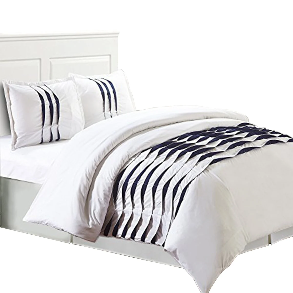 Benzara Halden 3 Piece King Duvet Set with Pleated Design, White and Black