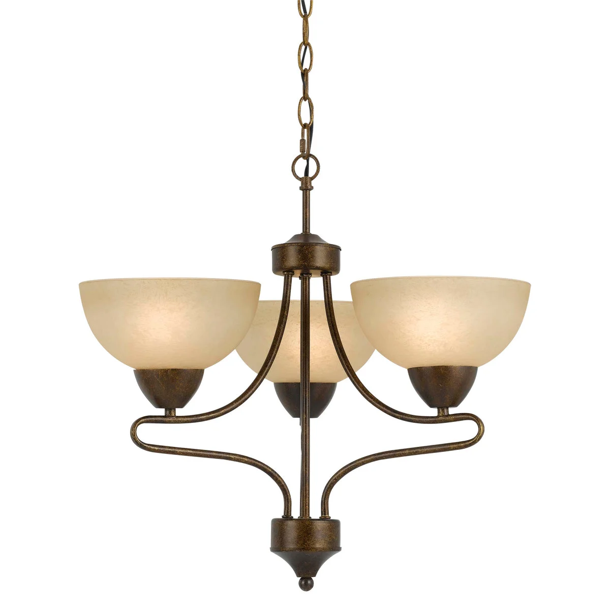 Benzara 3 Bulb Uplight Chandelier with Metal Frame and Glass Shades,Beige and Bronze