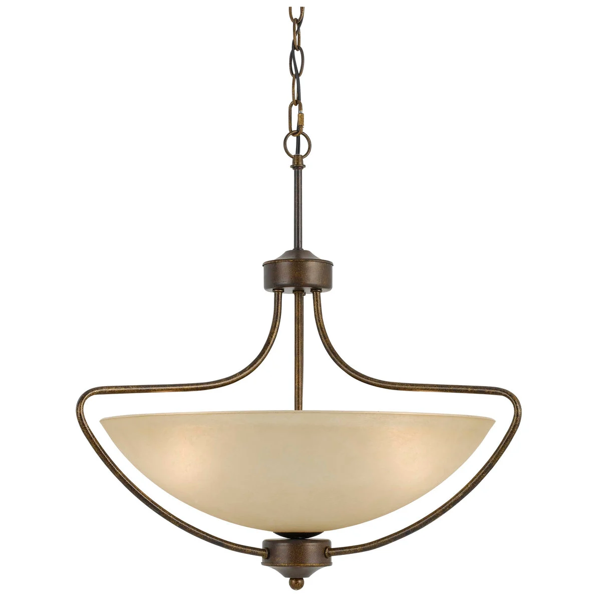 Benzara 3 Bulb Bowl Style Glass Pendant Fixture with Metal Frame, Beige and Bronze