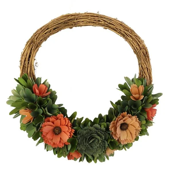 Benzara Wooden Shaving Wreath with Flower and Petal Details, Brown and Pink
