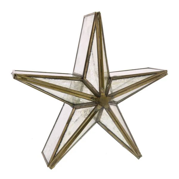 Benzara Star Shaped Glass Candle Holder with Mirrored Inserts,Small,Brass and Clear