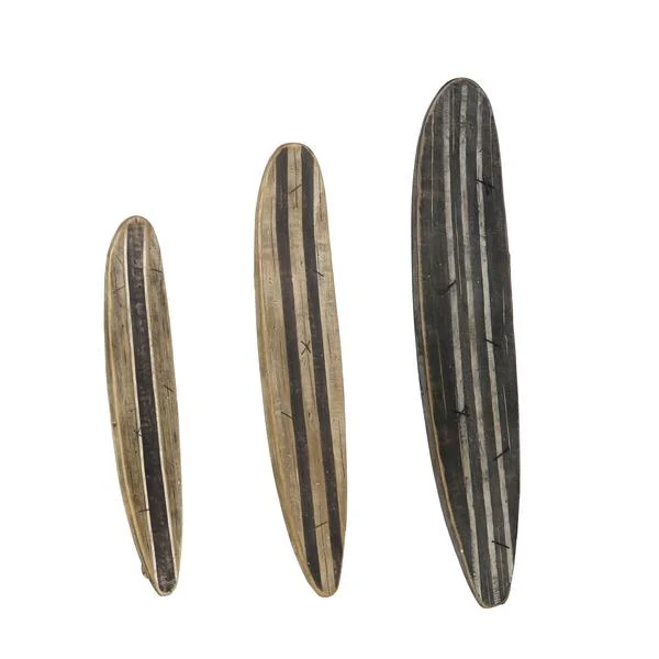 Benzara Wooden Surfboard Design Walldecor with Dual Tone Look, Set of 3, Brown