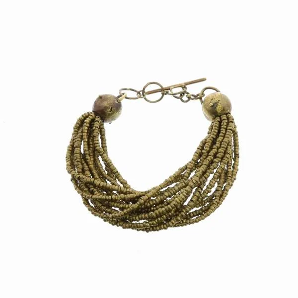 Benzara Traditional Brass Bead Bracelet with Multiple Leather Cords, Pair of 2, Bronze