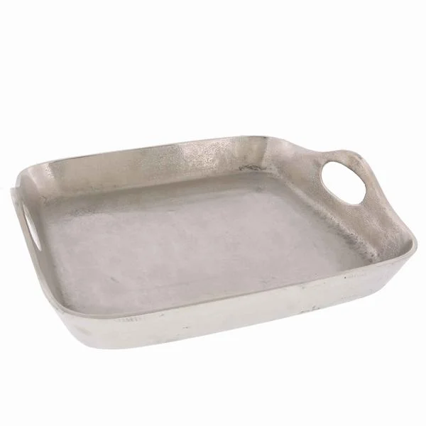 Benzara Traditional Metal Tray with Square Shaped Design and Cut-Out Handles, Silver