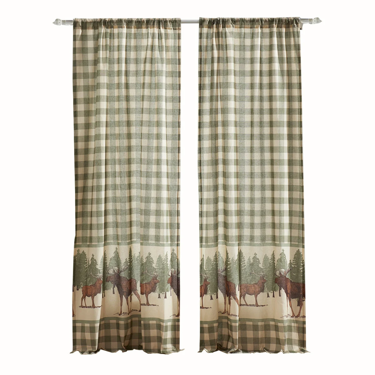 Benzara Fabric Panel Curtain with Animal and Plaid Print, Setof 4, Brown and Green