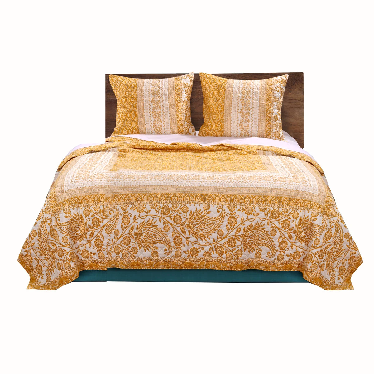 Benzara Fabric Queen Size Quilt Setwith Paisley and Floral Motif, White and Orange