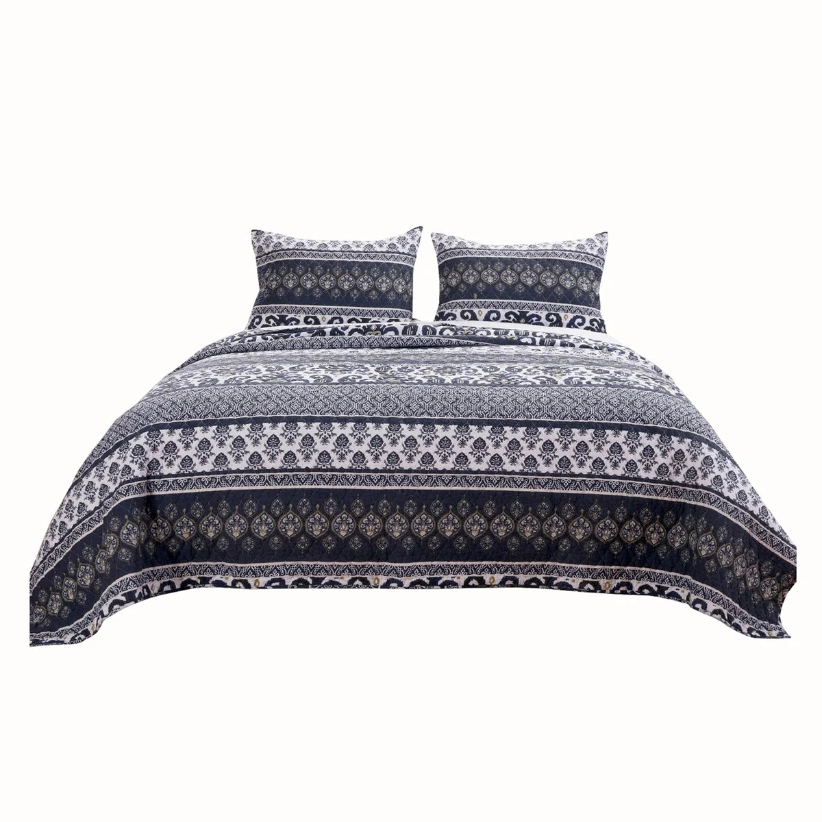 Benzara Fabric Reversible Queen Quilt Setwith Ikat and Floral Motif,Blue and White