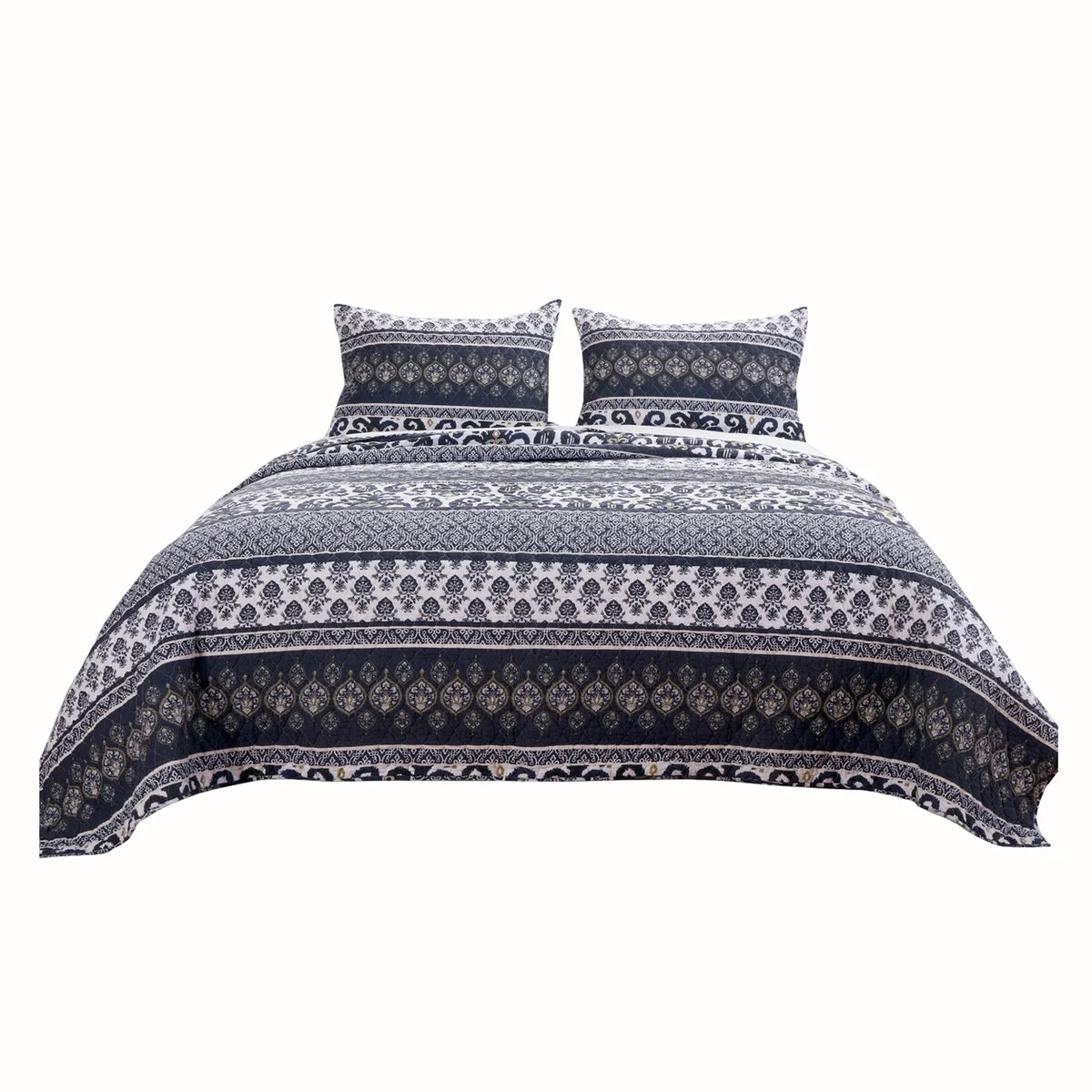 Benzara Fabric Reversible King Quilt Setwith Ikat and Floral Motif, Blue and White