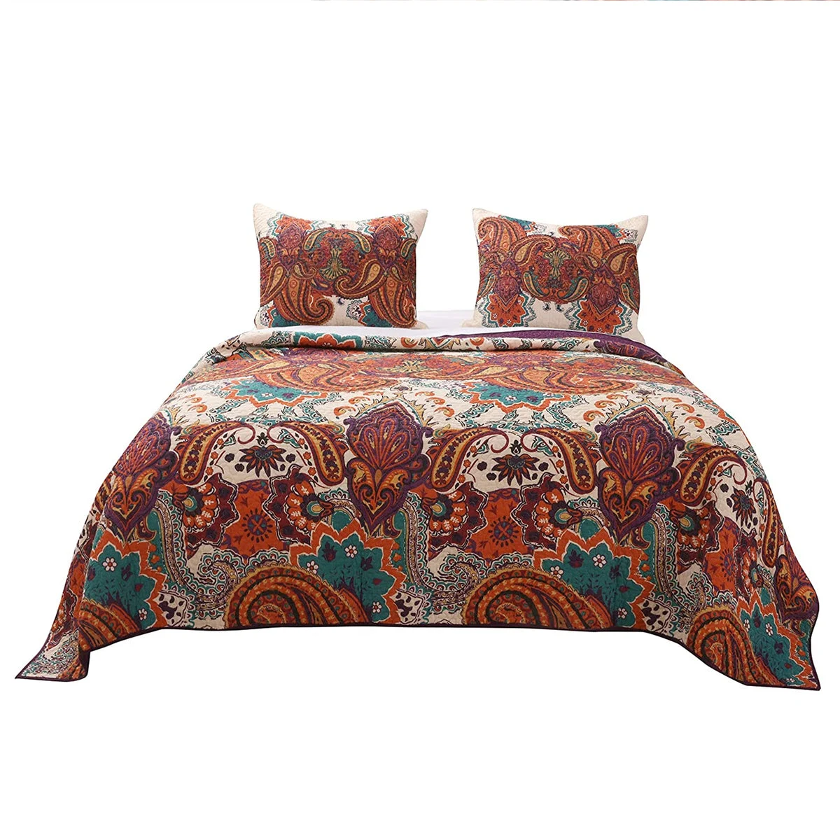 Benzara 3 Piece King Size Cotton Quilt Setwith Jacobean Print, Multicolor
