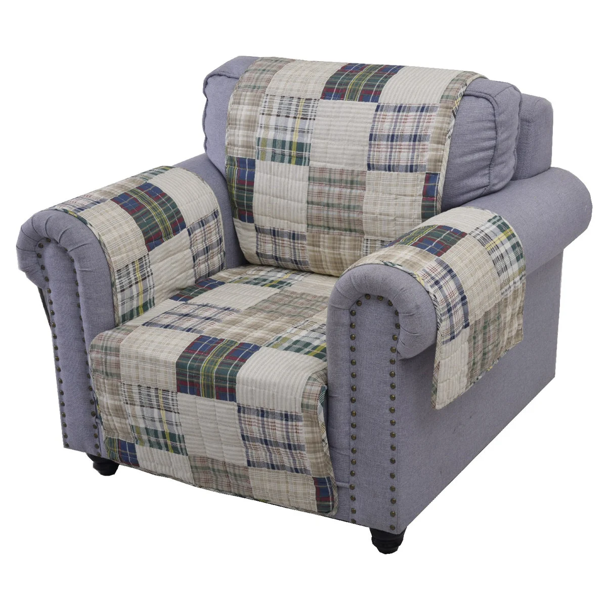 Benzara Waterproof Lining Arm Chair Protector with Plaid Square Design, Multicolor