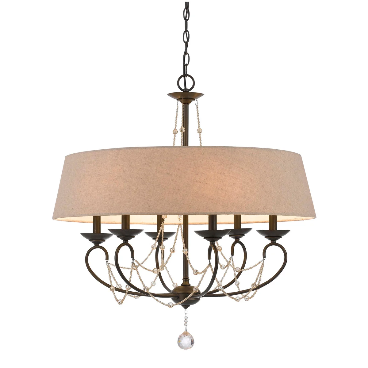 Benzara 6 Bulb Drum Chandelier with Burlap Shade and Crystal Accents, Beige