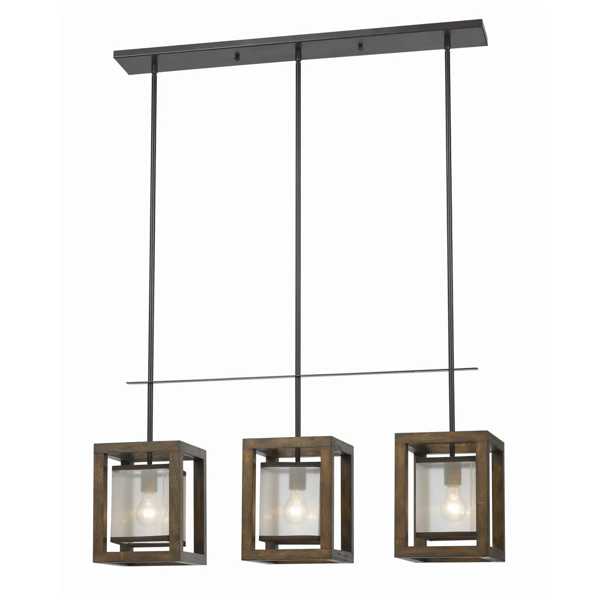 Benzara 3 Bulb Pendant with Wooden Frame and Organza Striped Shade, Brown