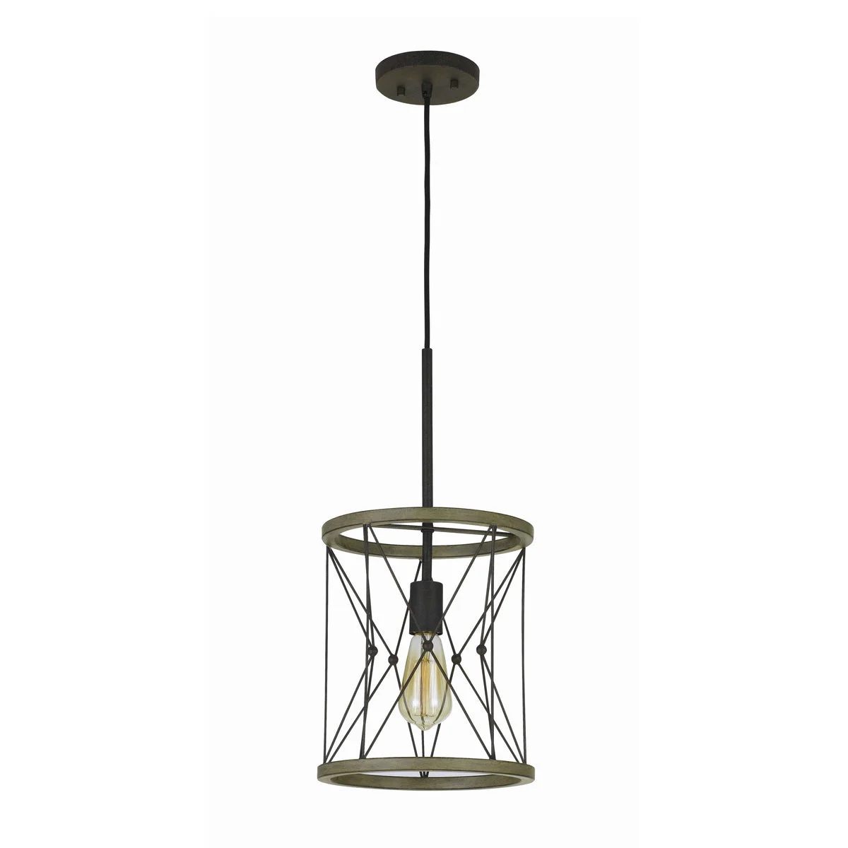 Benzara Circular Wooden Frame Pendant with Metal Lattice Design, Dark Bronze