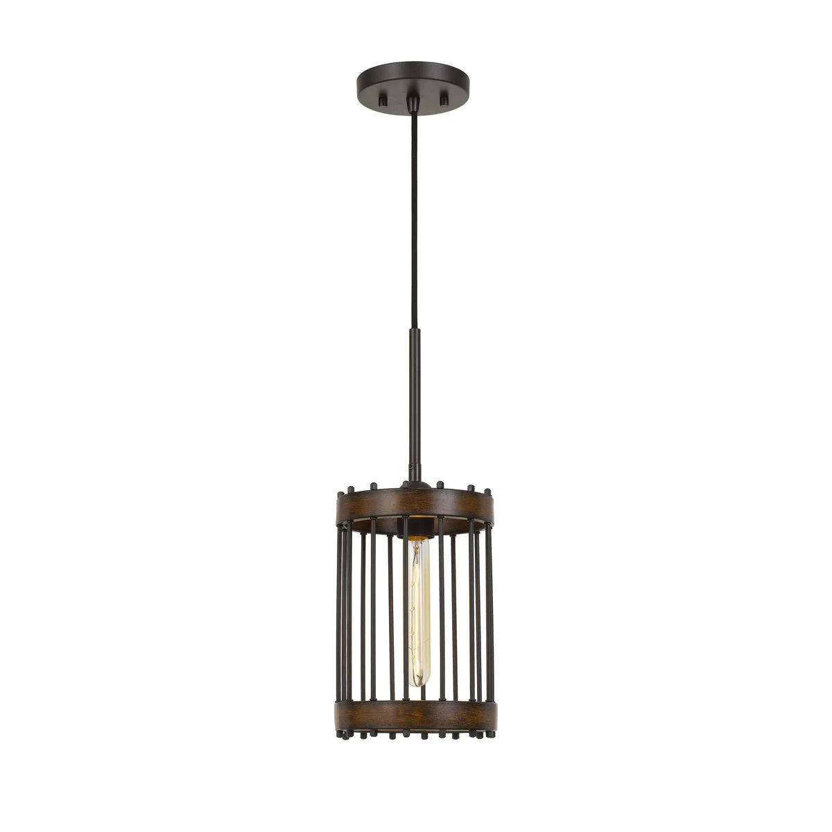 Benzara Caged Cylinder Design Metal Pendant Fixture with Canopy, Black and Brown