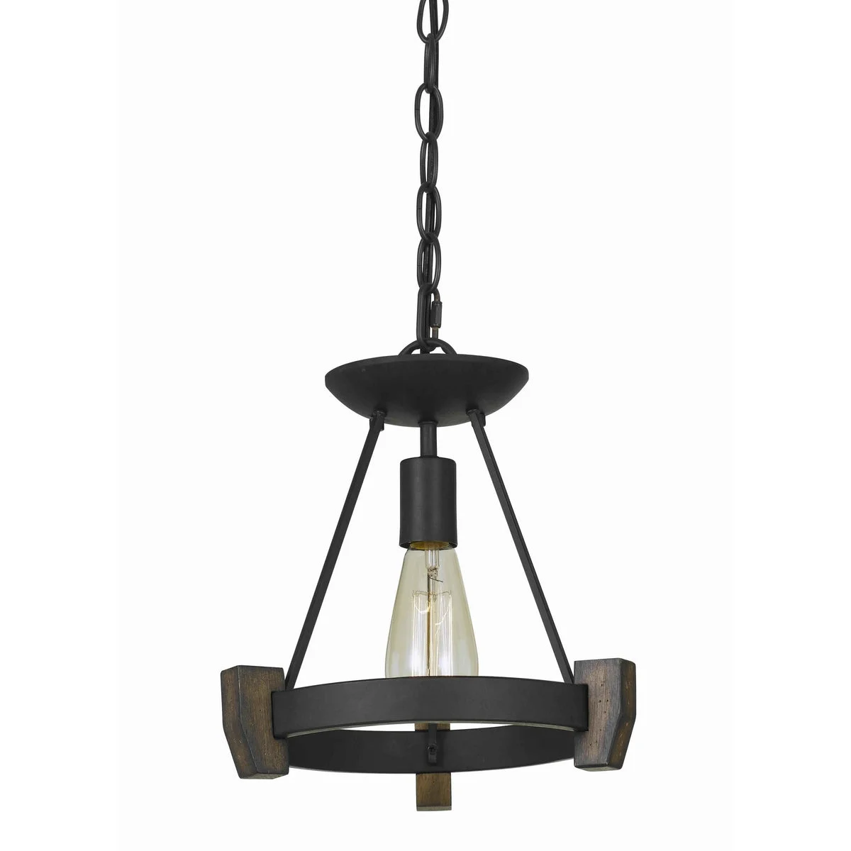 Benzara Triangular Metal Frame Pendant with Wooden Accent and Chain, Black
