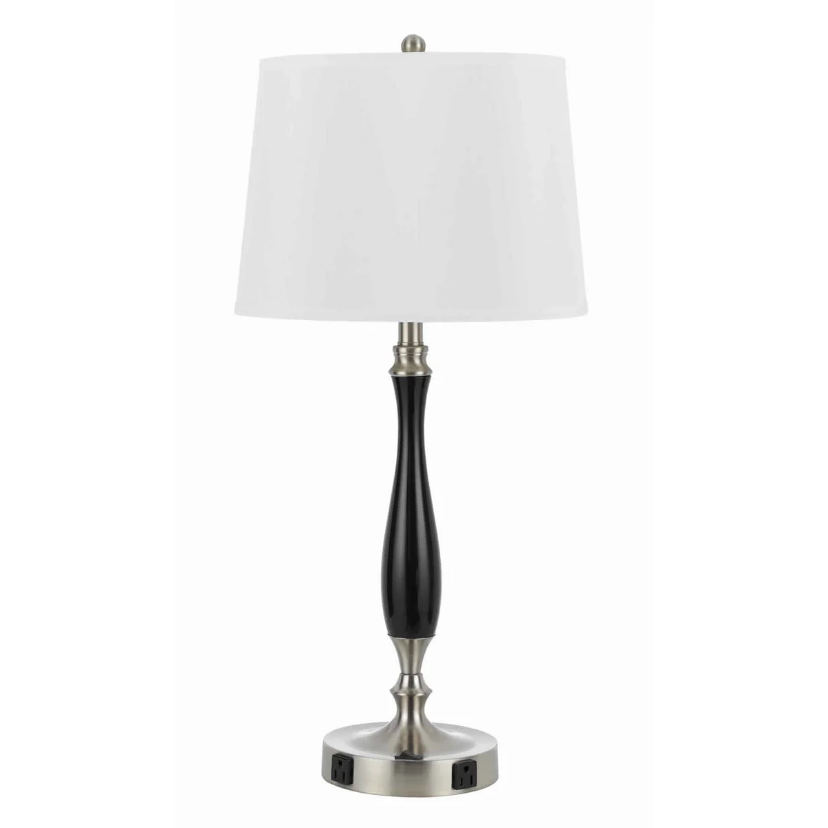 Benzara Fabric Table Lamp with Metal Base and 2 Power Outlets, Black and White