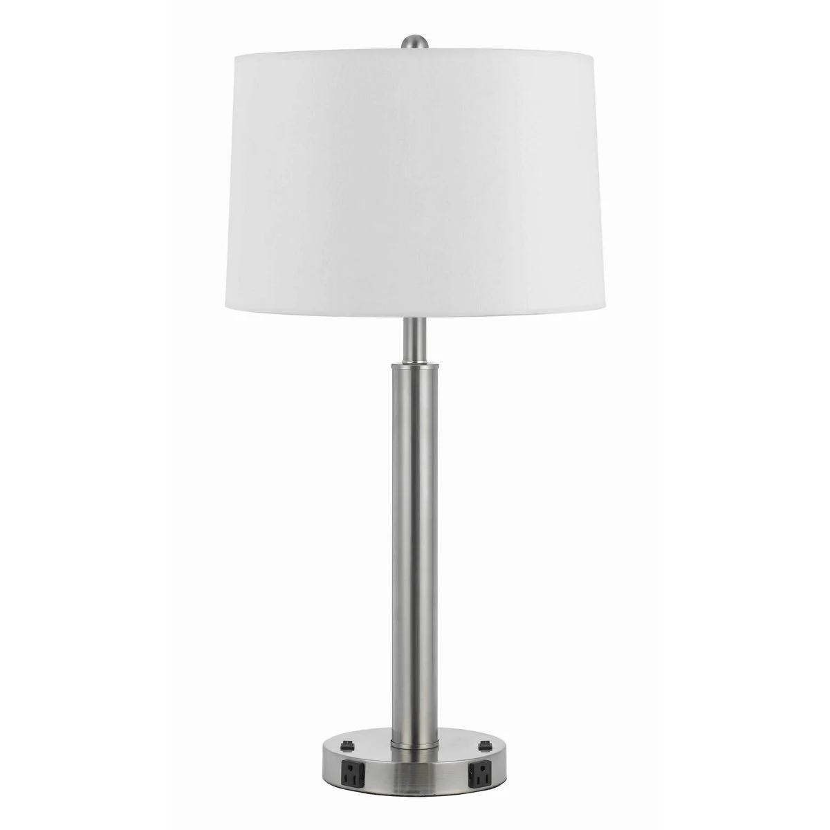 Benzara Metal Table Lamp with Tubular Base and 2 Power Outlet, White and Chrome