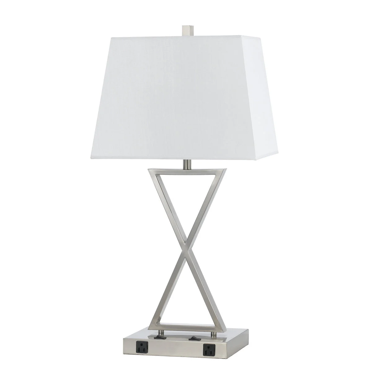 Benzara 60 X 2 Watt Metal Night Stand Lamp with 2 Power Outlets, White and Silver