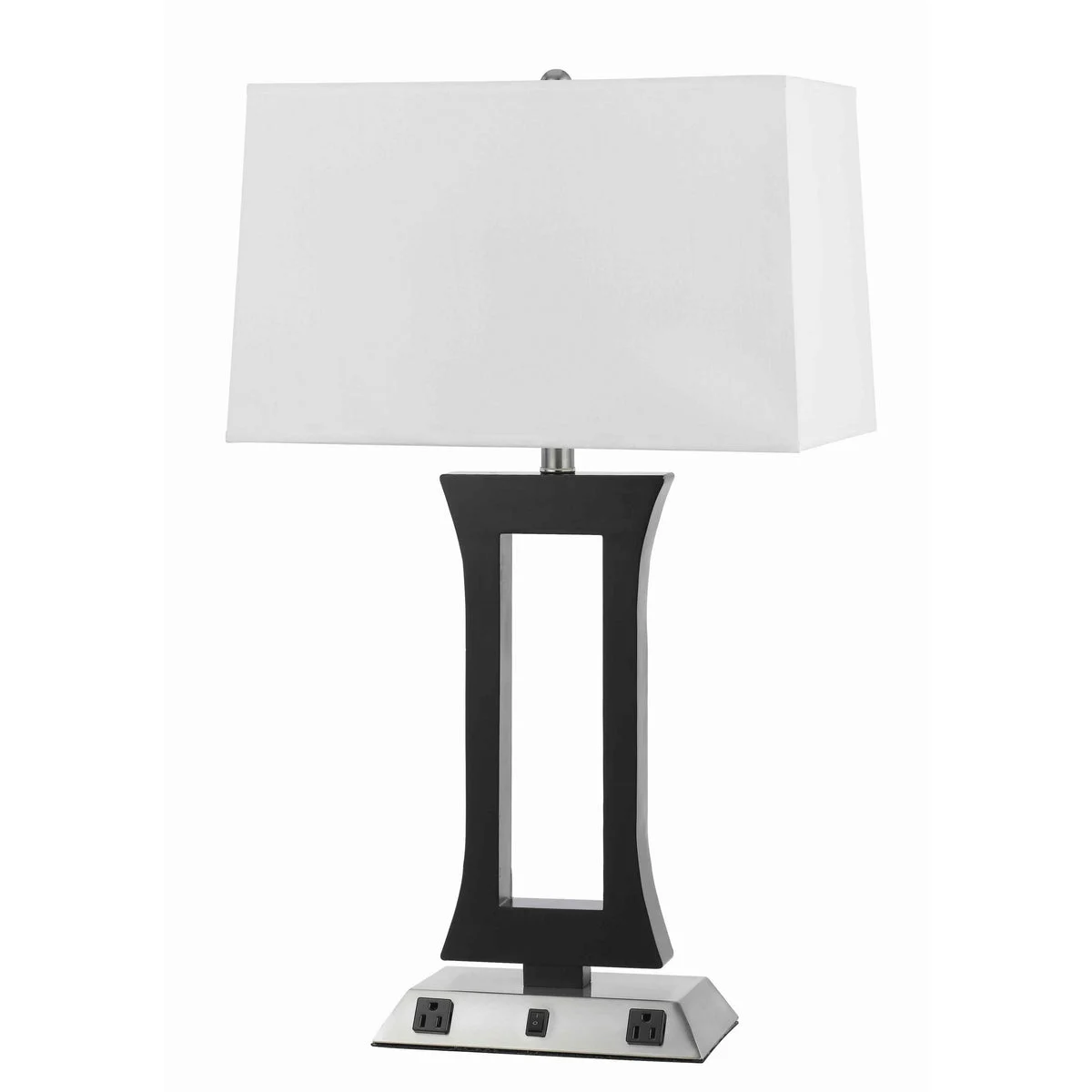 Benzara Square Shade Table Lamp with Metal Base and 2 Power Outlets,White and Black