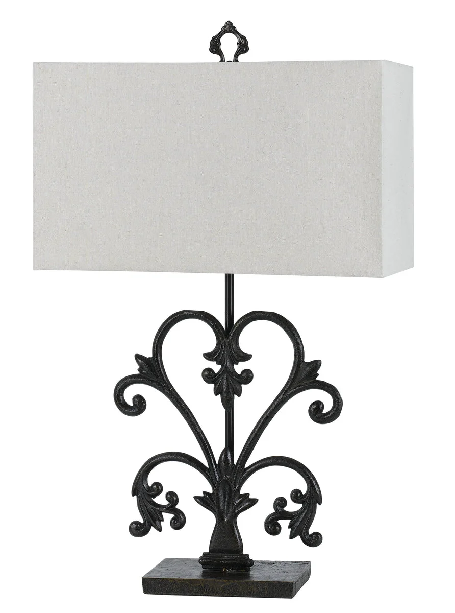Benzara Rectangular Shade Table Lamp with ScrolLed Metal Base, Off White and Black