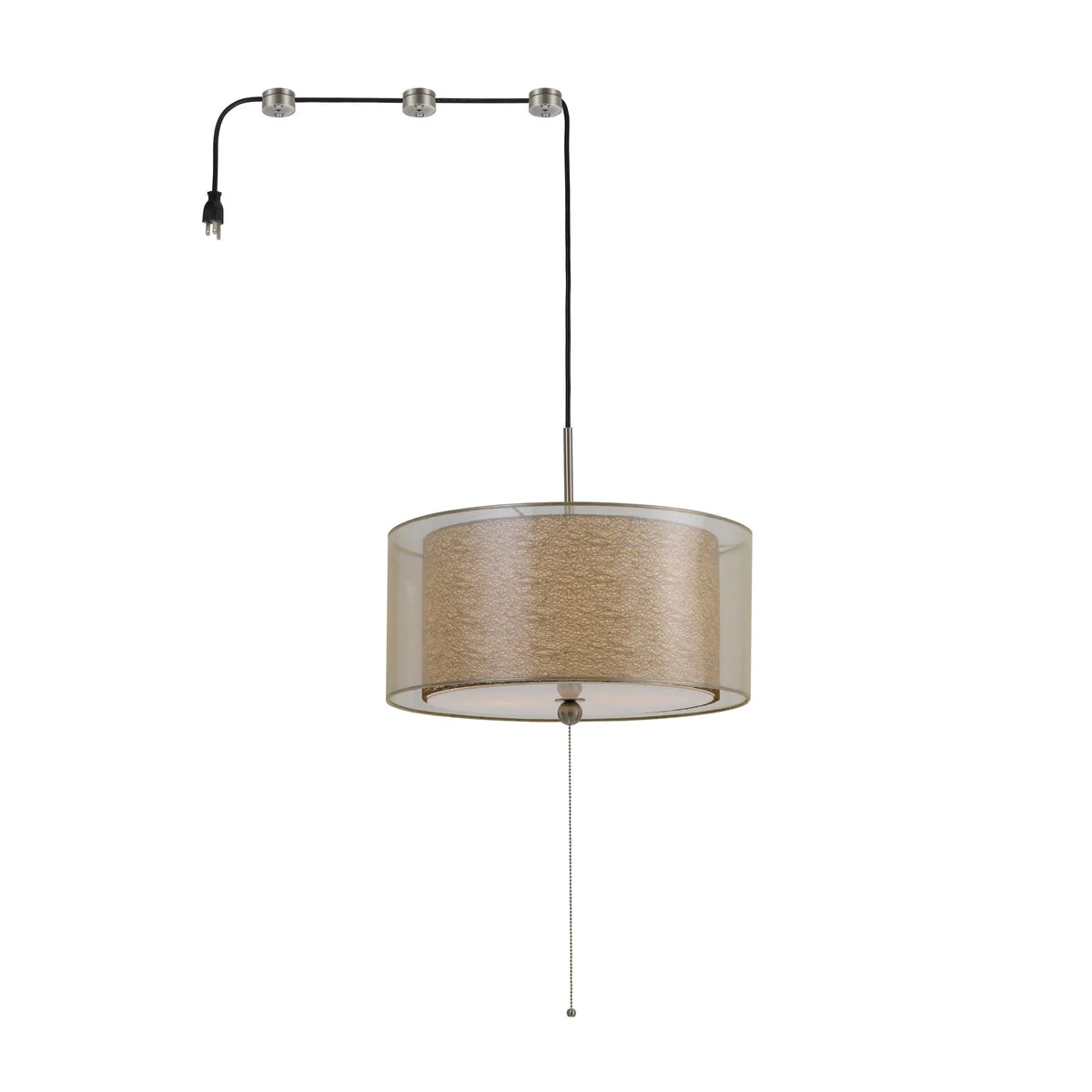 Benzara 60 X 2 Watt Drum Shade Pendant Fixture with 3 Cord Hangers, Beige and Clear